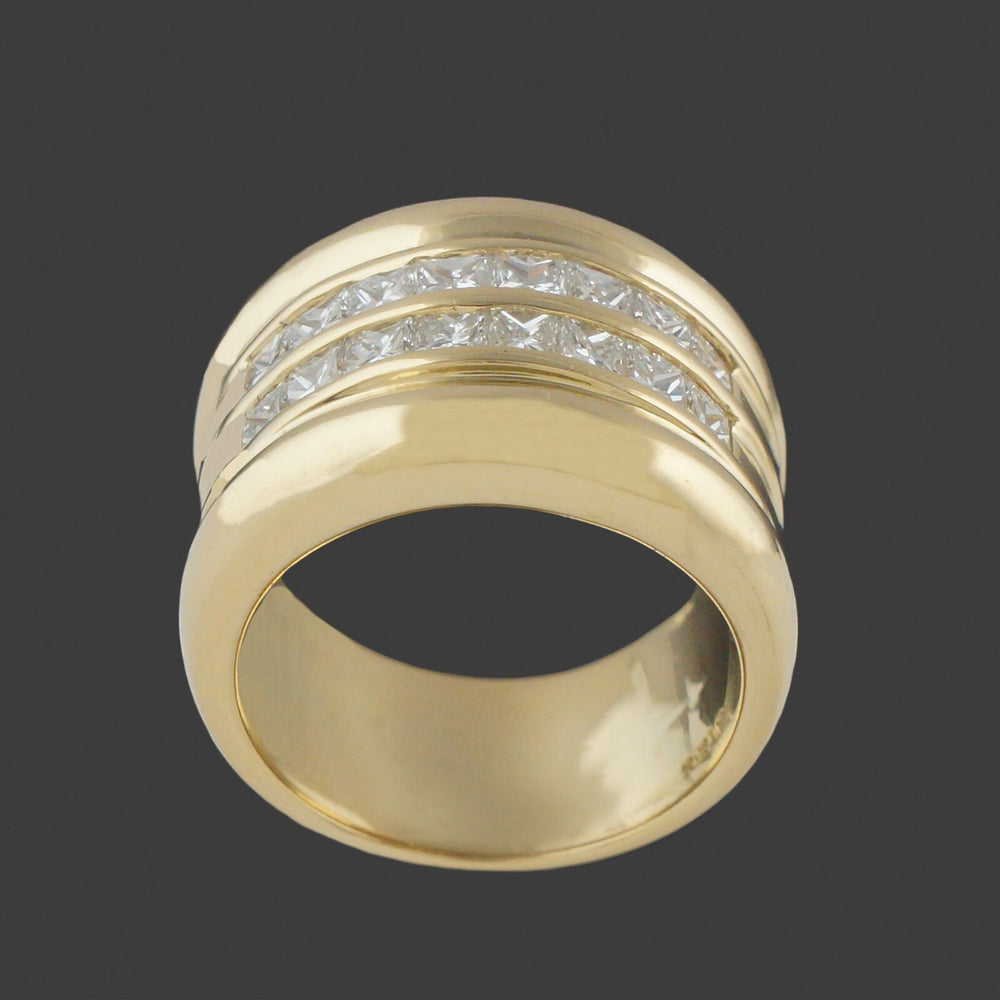 Wide Heavy Solid 18K Gold & Two Row 1.28 CTW Princess Diamond Cigar Band Ring, Olde Towne Jewelers, Santa Rosa CA.