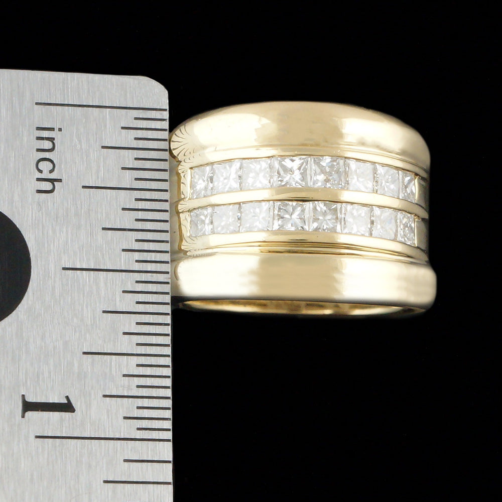 Wide Heavy Solid 18K Gold & Two Row 1.28 CTW Princess Diamond Cigar Band Ring, Olde Towne Jewelers, Santa Rosa CA.