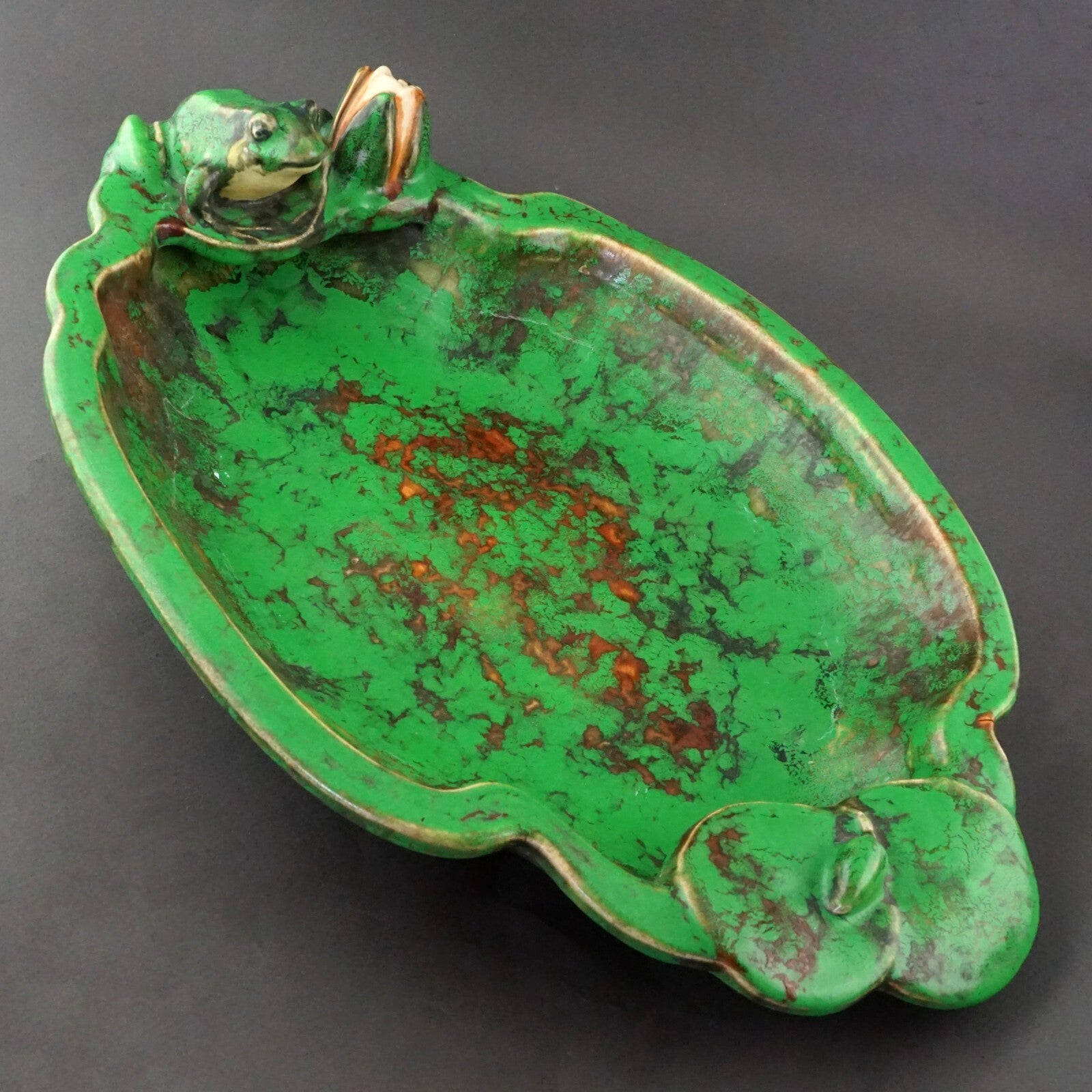 Stunning 1920's Weller Coppertone Frog Pond Lily Pad Pottery Bowl