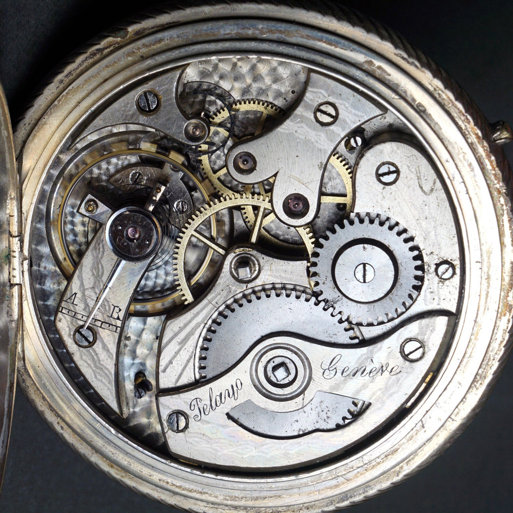 Oversize Girod Fontenaz 800 Silver Hunter Case Pocket Watch Fancy Case & Dial, Olde Towne Jewelers, Santa Rosa CA.