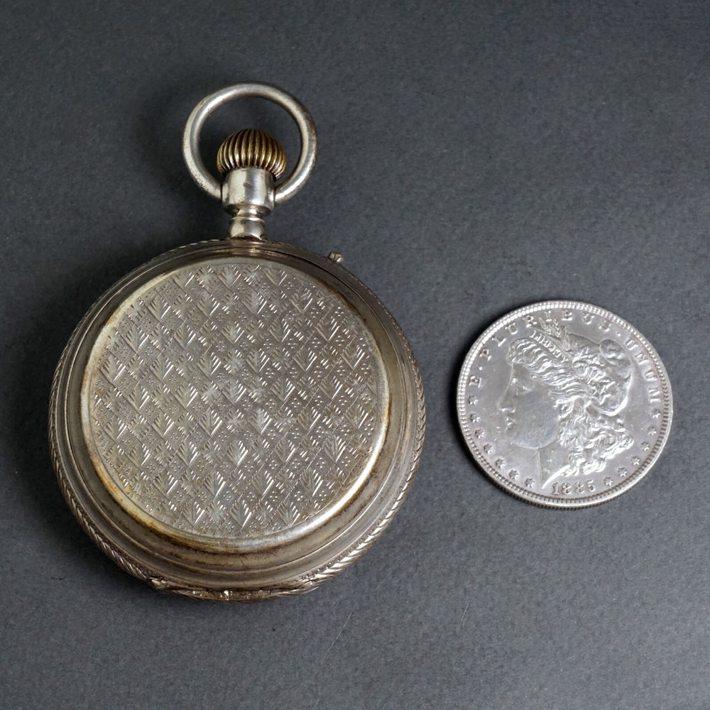 Oversize Girod Fontenaz 800 Silver Hunter Case Pocket Watch Fancy Case & Dial, Olde Towne Jewelers, Santa Rosa CA.