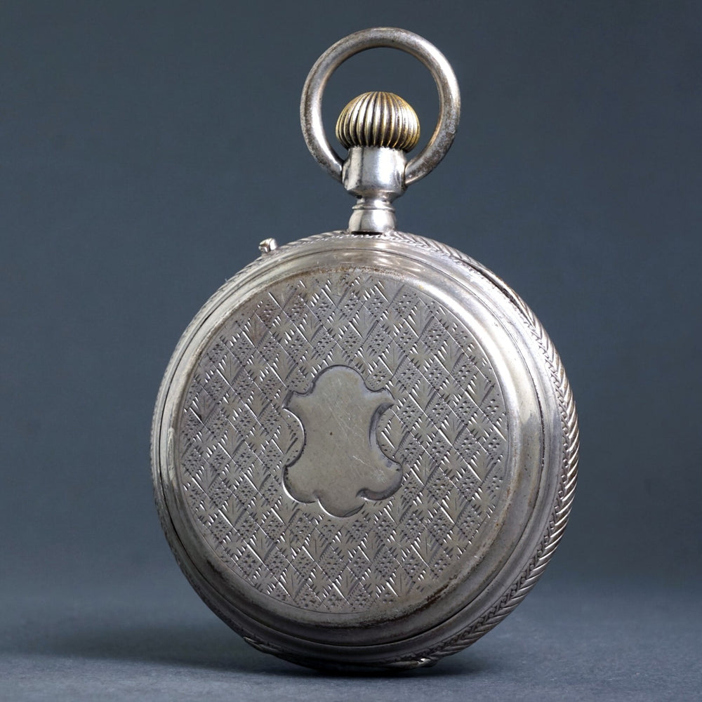 Oversize Girod Fontenaz 800 Silver Hunter Case Pocket Watch Fancy Case & Dial, Olde Towne Jewelers, Santa Rosa CA.
