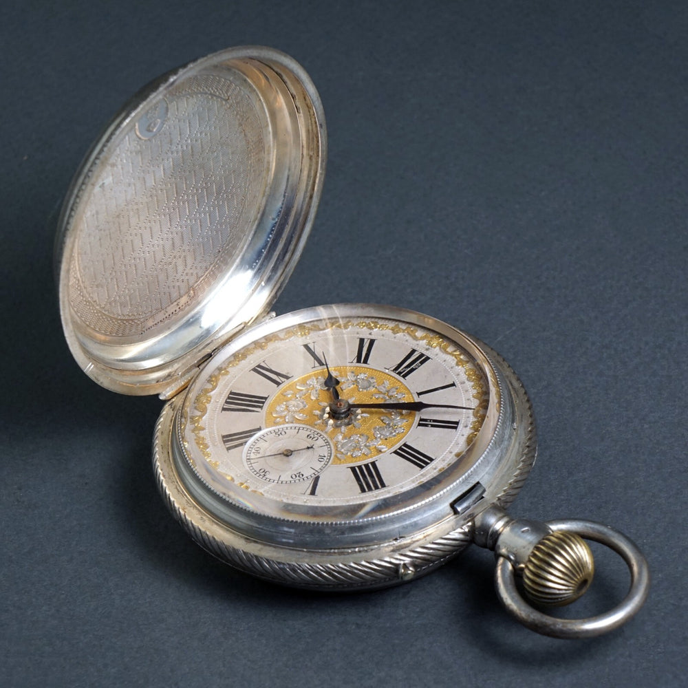 Oversize Girod Fontenaz 800 Silver Hunter Case Pocket Watch Fancy Case & Dial, Olde Towne Jewelers, Santa Rosa CA.