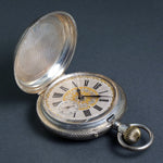 Oversize Girod Fontenaz 800 Silver Hunter Case Pocket Watch Fancy Case & Dial, Olde Towne Jewelers, Santa Rosa CA.