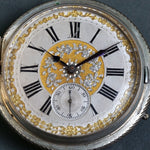 Oversize Girod Fontenaz 800 Silver Hunter Case Pocket Watch Fancy Case & Dial, Olde Towne Jewelers, Santa Rosa CA.