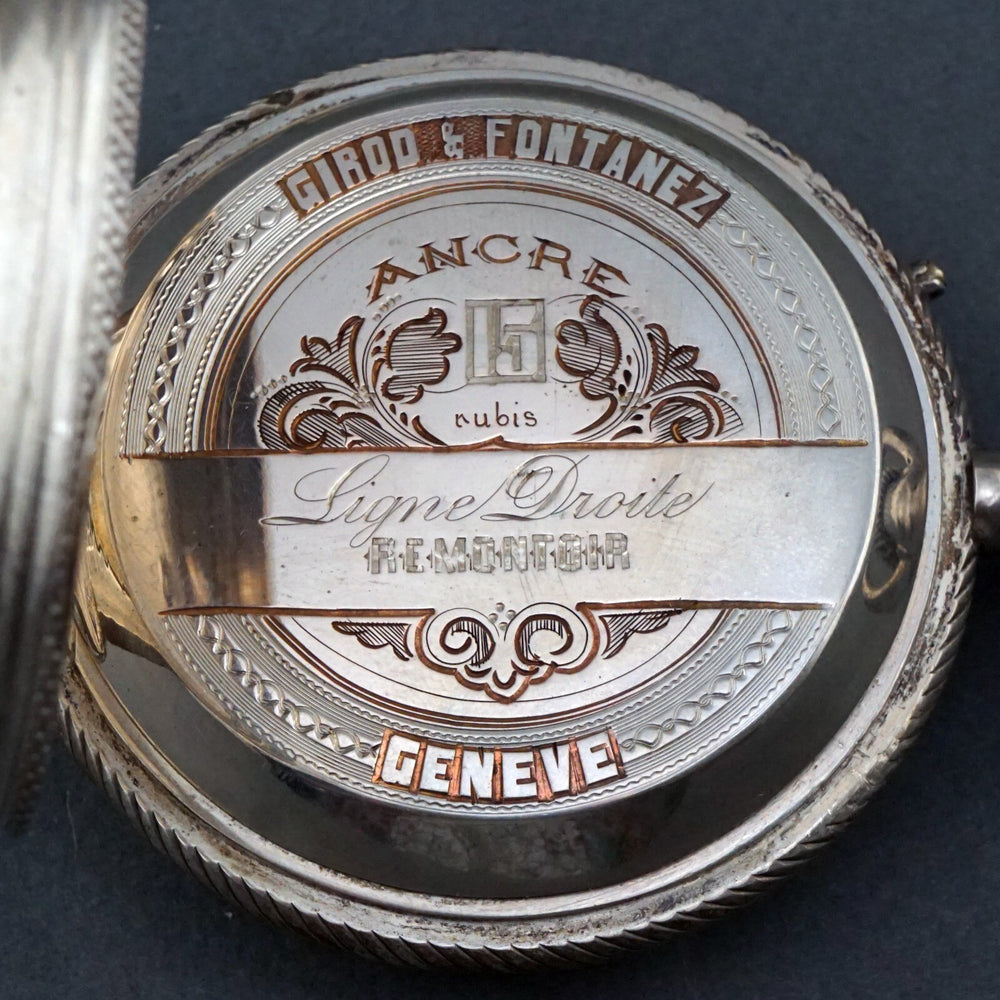 Oversize Girod Fontenaz 800 Silver Hunter Case Pocket Watch Fancy Case & Dial, Olde Towne Jewelers, Santa Rosa CA.