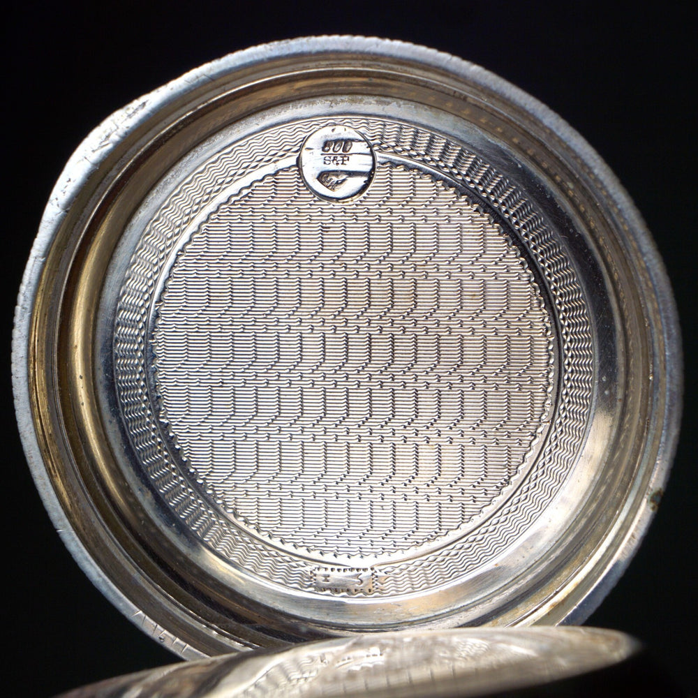 Oversize Girod Fontenaz 800 Silver Hunter Case Pocket Watch Fancy Case & Dial, Olde Towne Jewelers, Santa Rosa CA.