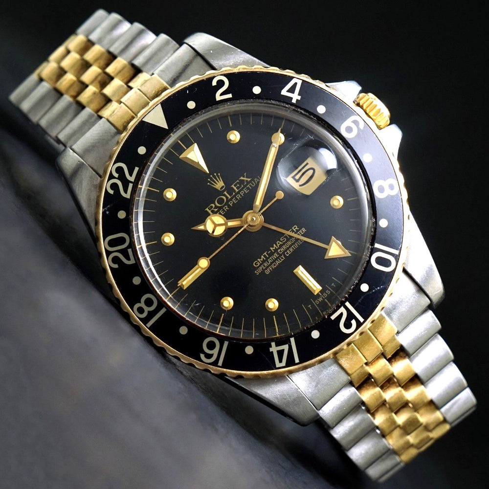 Stunning 1982 Rolex 16753 GMT Master Gold & Steel 40mm Watch Black Dial, Jubilee