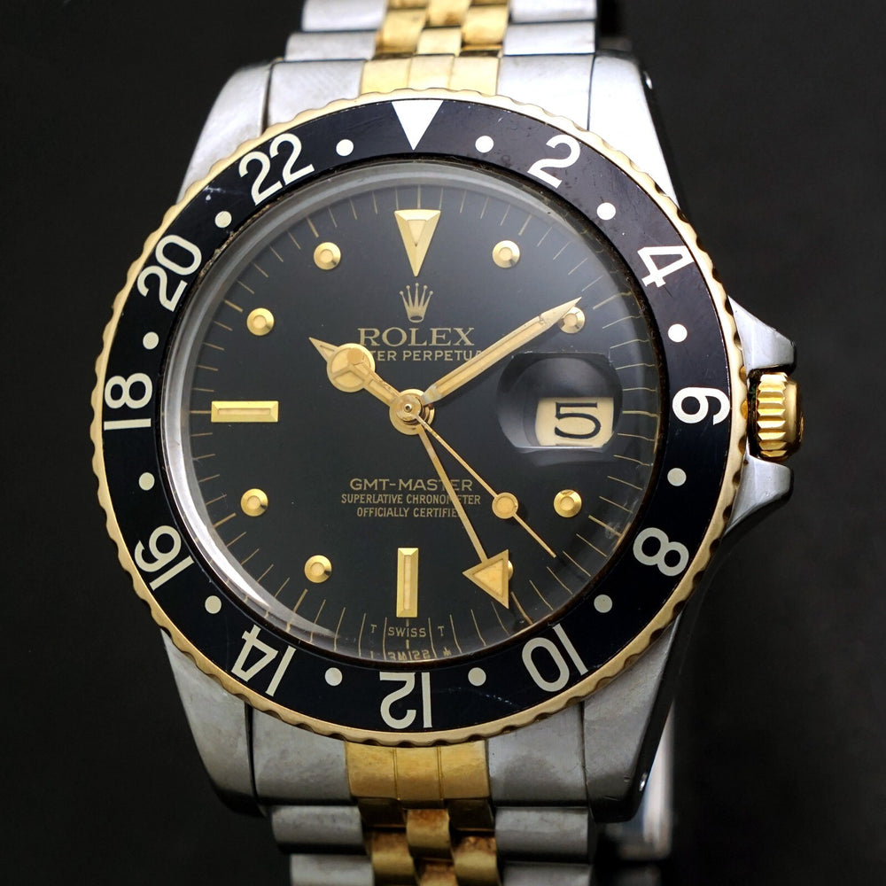 Stunning 1982 Rolex 16753 GMT Master Gold & Steel 40mm Watch Black Dial, Jubilee, Olde Towne Jewelers, Santa Rosa CA.