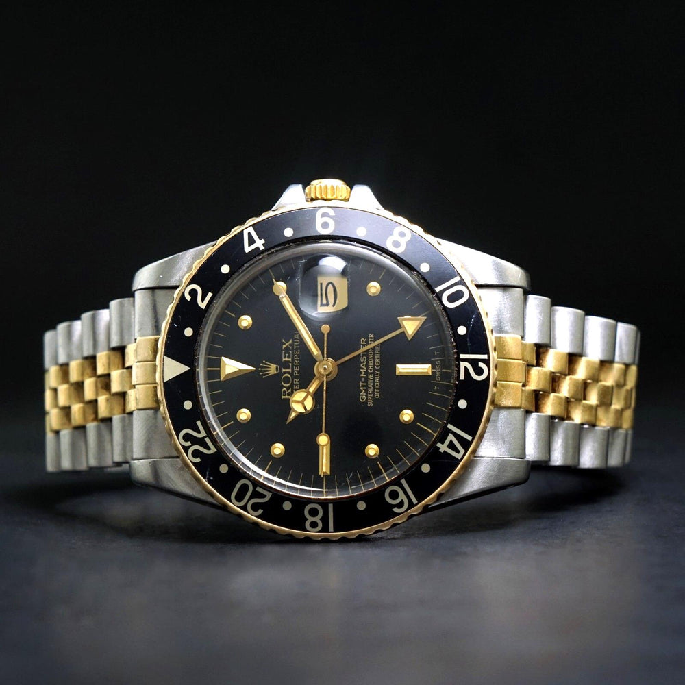 Stunning 1982 Rolex 16753 GMT Master Gold & Steel 40mm Watch Black Dial, Jubilee, Olde Towne Jewelers, Santa Rosa CA.
