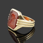 Heavy Art Deco Solid 14K Yellow Gold, Carnelian Roman Warrior Intaglio Ring