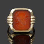 Heavy Art Deco Solid 14K Yellow Gold, Carnelian Roman Warrior Intaglio Ring, Olde Towne Jewelers, Santa Rosa CA.