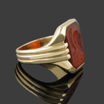 Heavy Art Deco Solid 14K Yellow Gold, Carnelian Roman Warrior Intaglio Ring, Olde Towne Jewelers, Santa Rosa CA.