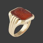 Heavy Art Deco Solid 14K Yellow Gold, Carnelian Roman Warrior Intaglio Ring, Olde Towne Jewelers, Santa Rosa CA.