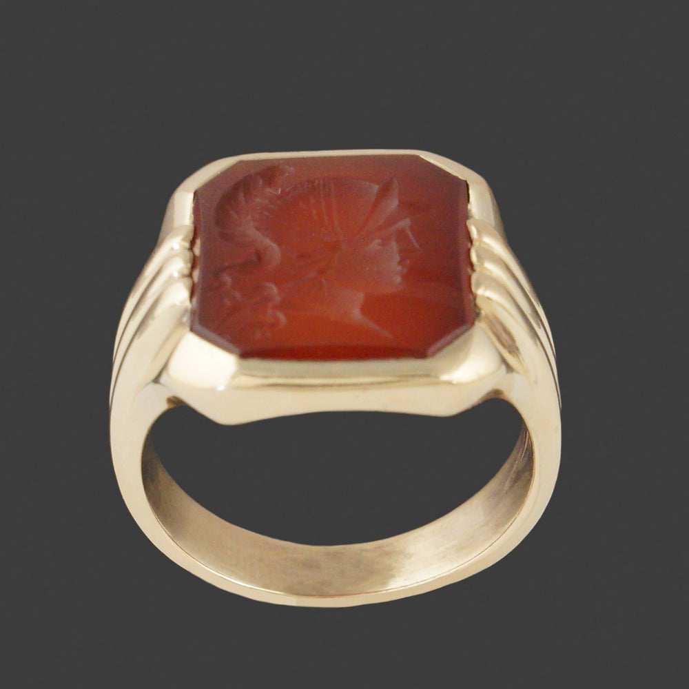Heavy Art Deco Solid 14K Yellow Gold, Carnelian Roman Warrior Intaglio Ring, Olde Towne Jewelers, Santa Rosa CA.