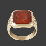 Heavy Art Deco Solid 14K Yellow Gold, Carnelian Roman Warrior Intaglio Ring, Olde Towne Jewelers, Santa Rosa CA.