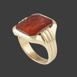 Heavy Art Deco Solid 14K Yellow Gold, Carnelian Roman Warrior Intaglio Ring, Olde Towne Jewelers, Santa Rosa CA.