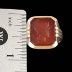 Heavy Art Deco Solid 14K Yellow Gold, Carnelian Roman Warrior Intaglio Ring, Olde Towne Jewelers, Santa Rosa CA.