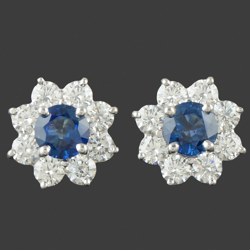 Platinum Sapphire & Diamond Halo Floral Motif Pressure Back Huggie Stud Earrings