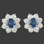 Platinum Sapphire & Diamond Halo Floral Motif Pressure Back Huggie Stud Earrings