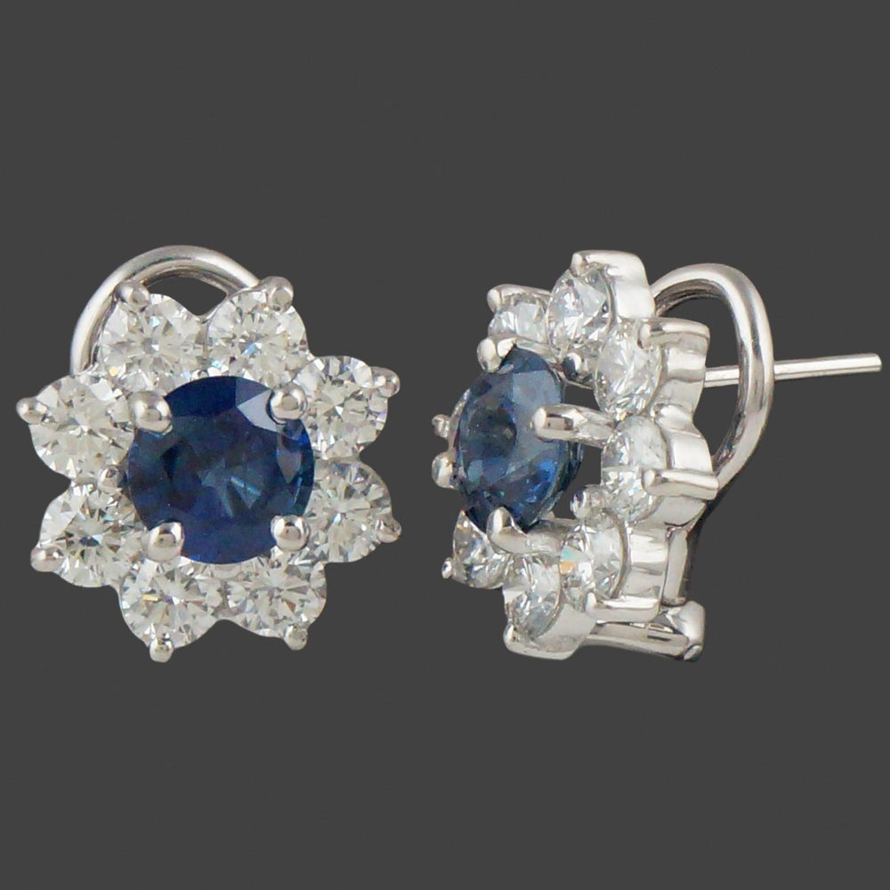 Platinum Sapphire & Diamond Halo Floral Motif Pressure Back Huggie Stud Earrings, Olde Towne Jewelers, Santa Rosa CA.