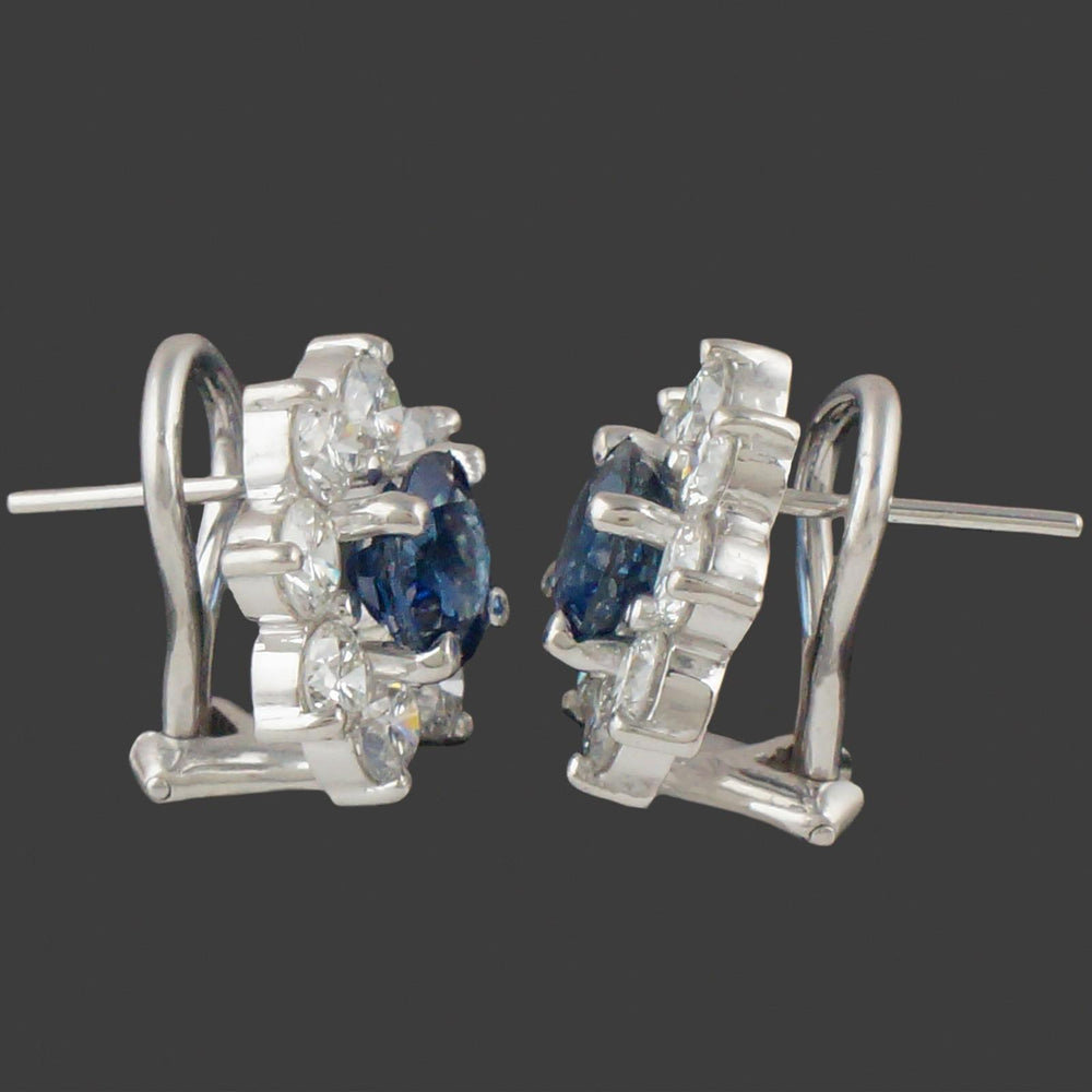 Platinum Sapphire & Diamond Halo Floral Motif Pressure Back Huggie Stud Earrings, Olde Towne Jewelers, Santa Rosa CA.