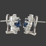 Platinum Sapphire & Diamond Halo Floral Motif Pressure Back Huggie Stud Earrings, Olde Towne Jewelers, Santa Rosa CA.
