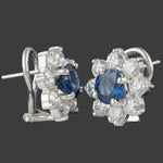 Platinum Sapphire & Diamond Halo Floral Motif Pressure Back Huggie Stud Earrings, Olde Towne Jewelers, Santa Rosa CA.