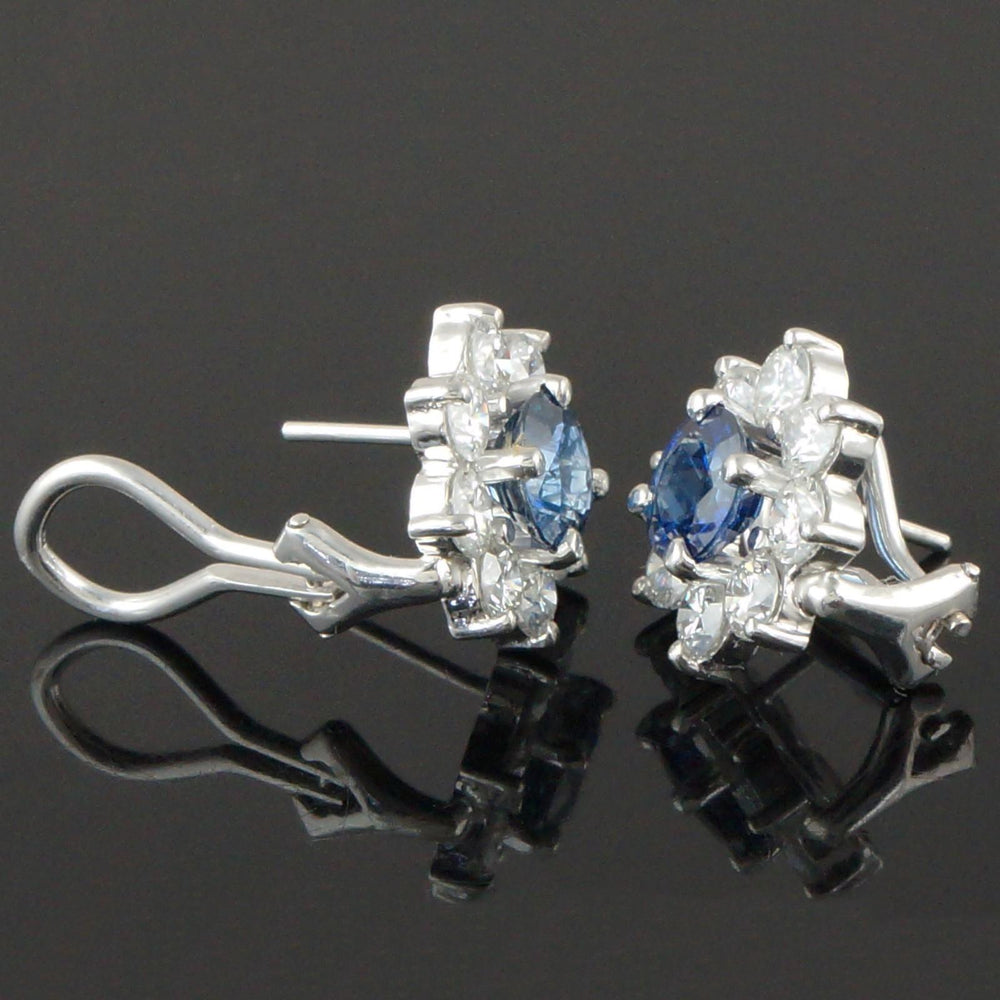 Platinum Sapphire & Diamond Halo Floral Motif Pressure Back Huggie Stud Earrings, Olde Towne Jewelers, Santa Rosa CA.