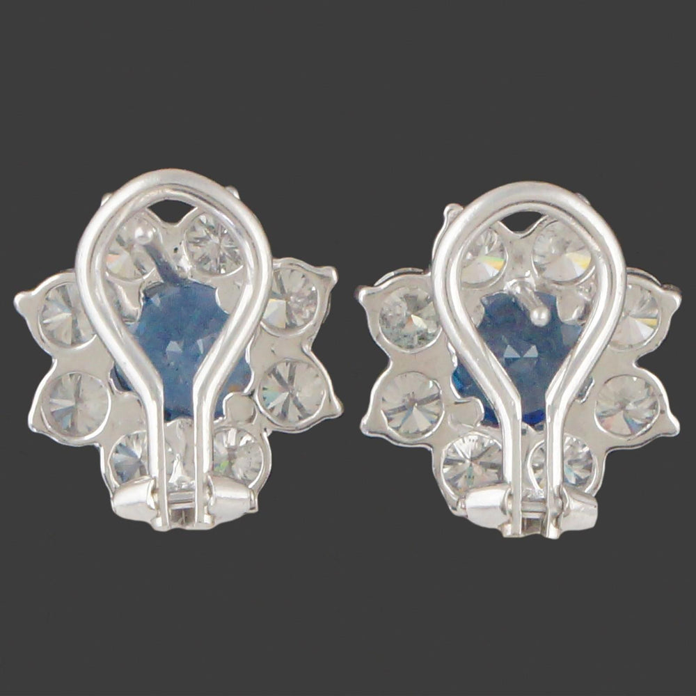 Platinum Sapphire & Diamond Halo Floral Motif Pressure Back Huggie Stud Earrings, Olde Towne Jewelers, Santa Rosa CA.