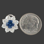 Platinum Sapphire & Diamond Halo Floral Motif Pressure Back Huggie Stud Earrings, Olde Towne Jewelers, Santa Rosa CA.