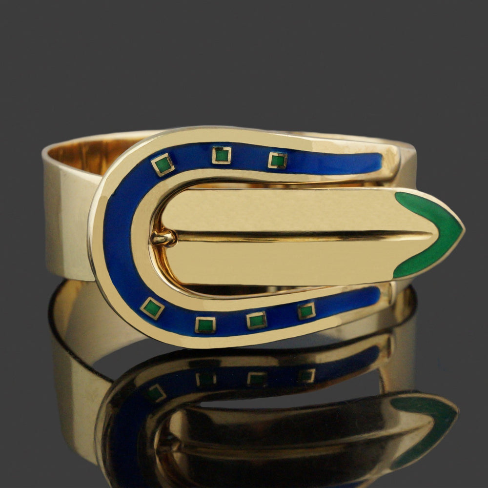 Rare Vintage Gucci Solid 18K Yellow Gold & Enamel 7" Buckle Bangle Bracelet