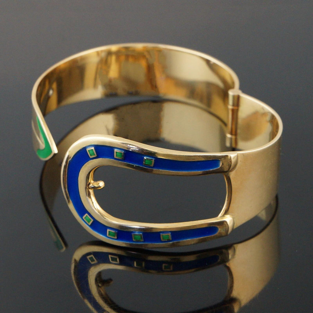 Rare Vintage Gucci Solid 18K Yellow Gold & Enamel 7" Buckle Bangle Bracelet, Olde Towne Jewelers, Santa Rosa CA.