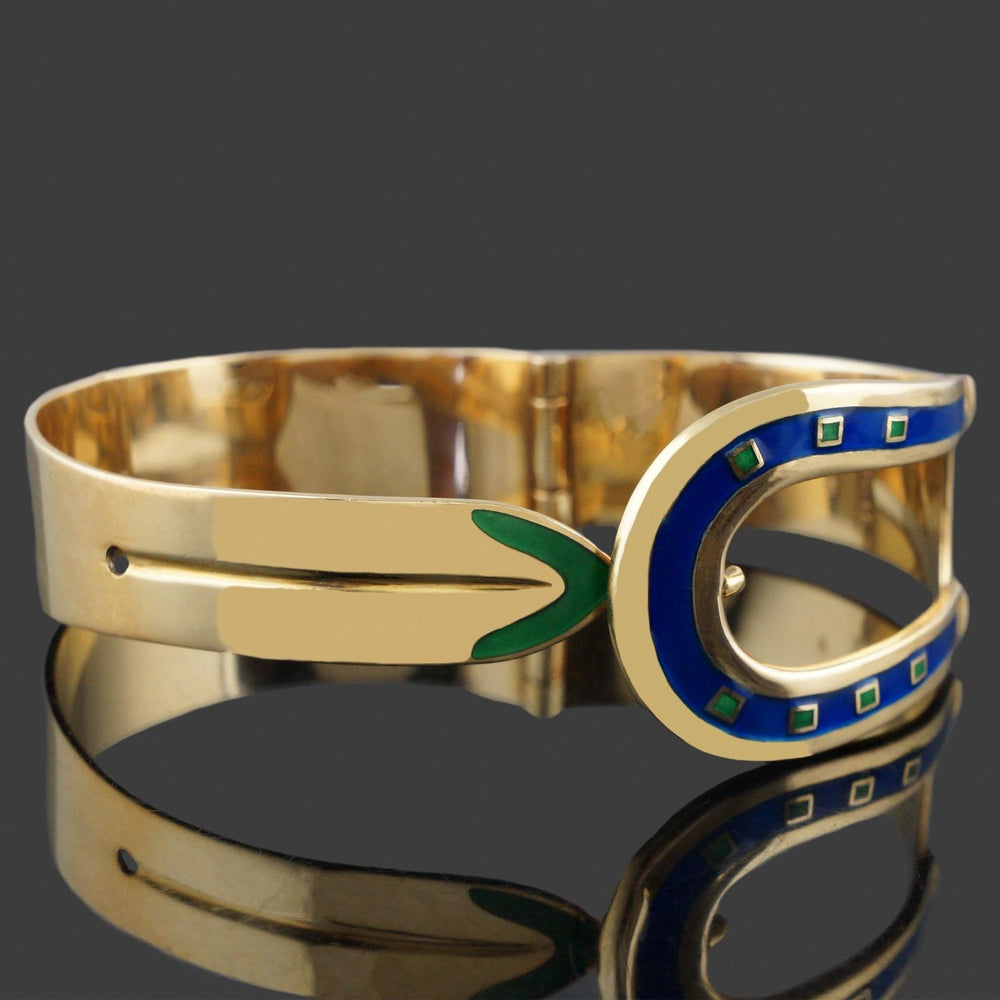 Rare Vintage Gucci Solid 18K Yellow Gold & Enamel 7" Buckle Bangle Bracelet, Olde Towne Jewelers, Santa Rosa CA.