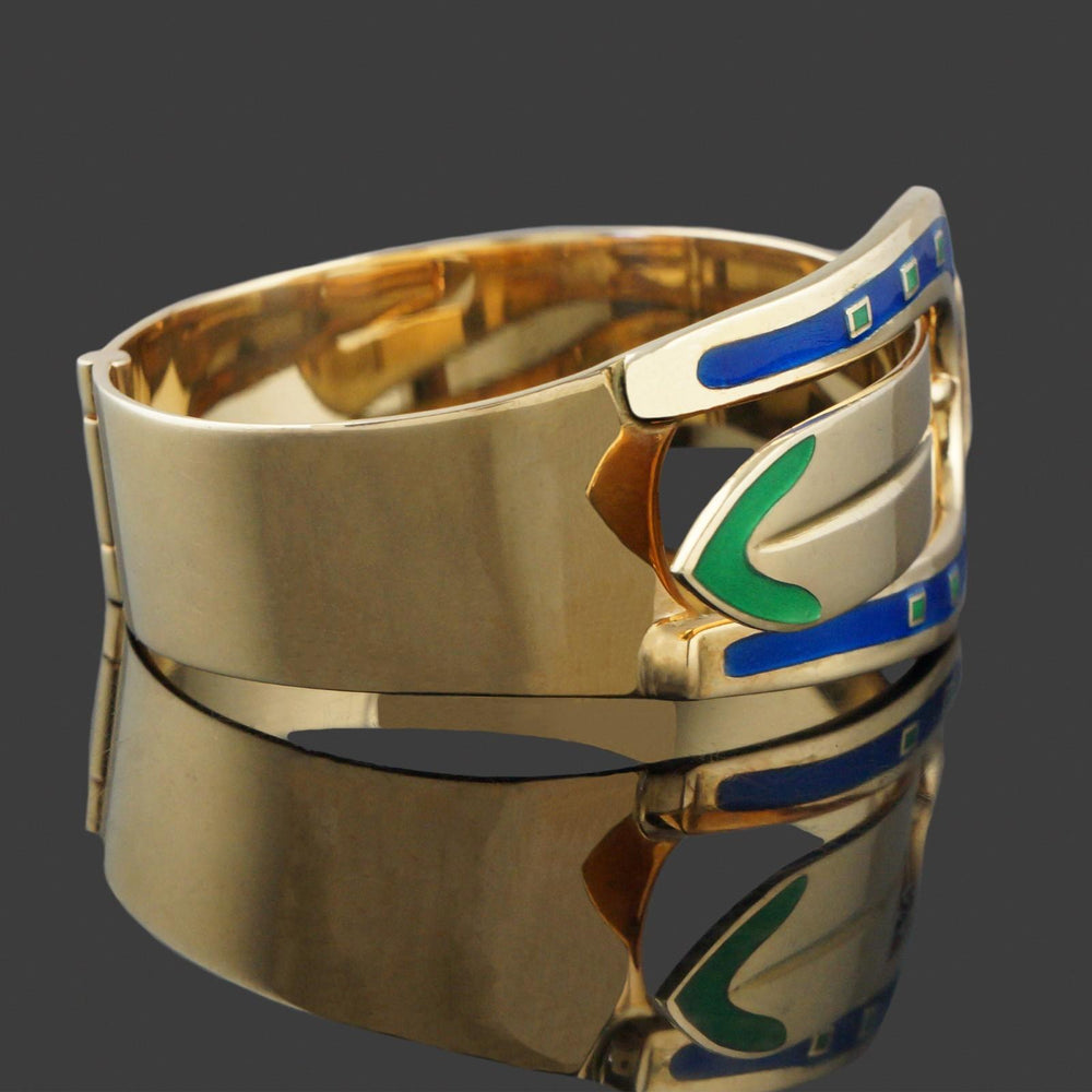 Rare Vintage Gucci Solid 18K Yellow Gold & Enamel 7" Buckle Bangle Bracelet, Olde Towne Jewelers, Santa Rosa CA.