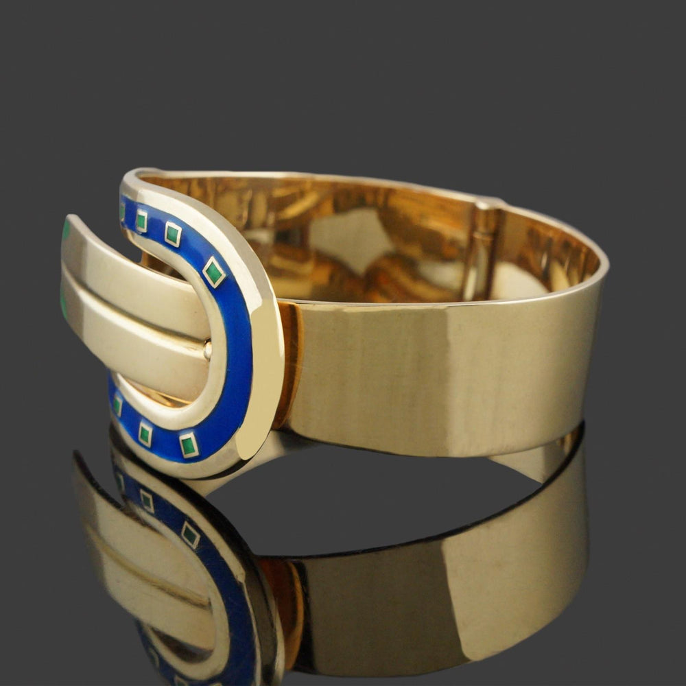 Rare Vintage Gucci Solid 18K Yellow Gold & Enamel 7" Buckle Bangle Bracelet, Olde Towne Jewelers, Santa Rosa CA.