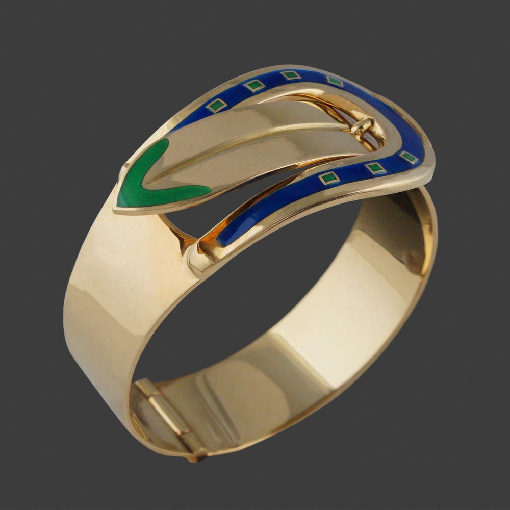 Rare Vintage Gucci Solid 18K Yellow Gold & Enamel 7" Buckle Bangle Bracelet, Olde Towne Jewelers, Santa Rosa CA.