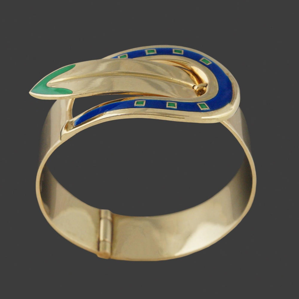 Rare Vintage Gucci Solid 18K Yellow Gold & Enamel 7" Buckle Bangle Bracelet, Olde Towne Jewelers, Santa Rosa CA.
