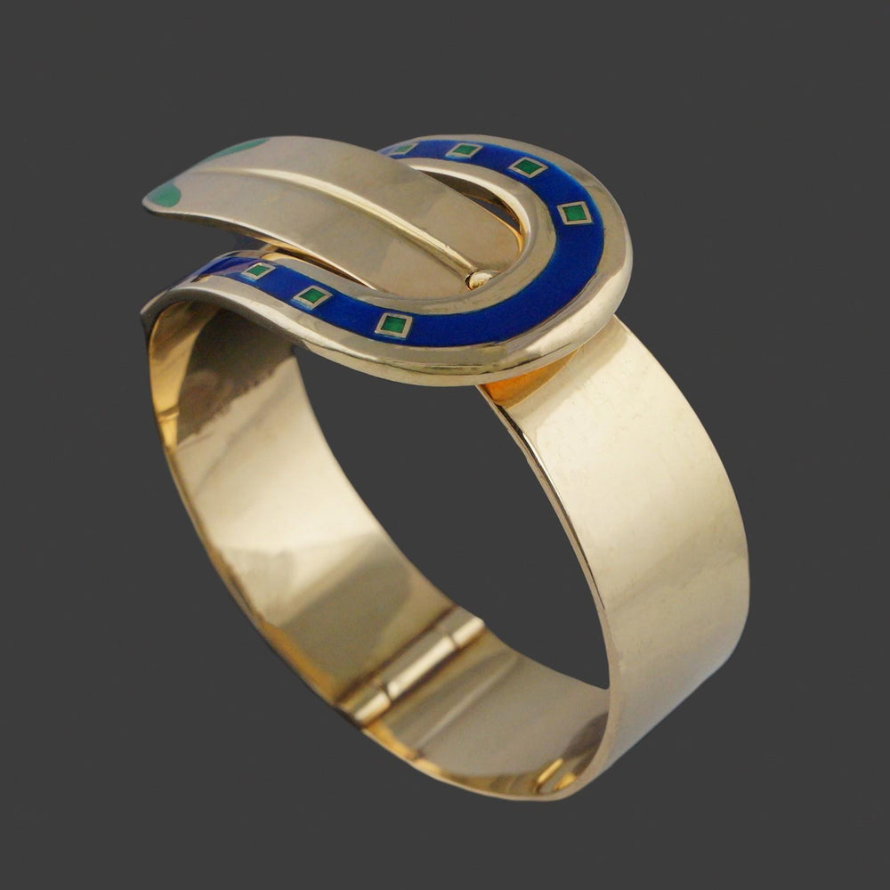 Rare Vintage Gucci Solid 18K Yellow Gold & Enamel 7" Buckle Bangle Bracelet, Olde Towne Jewelers, Santa Rosa CA.
