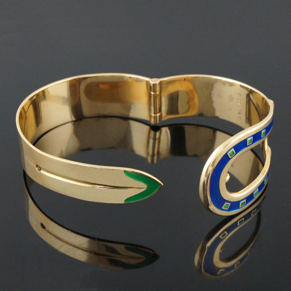 Rare Vintage Gucci Solid 18K Yellow Gold & Enamel 7" Buckle Bangle Bracelet, Olde Towne Jewelers, Santa Rosa CA.
