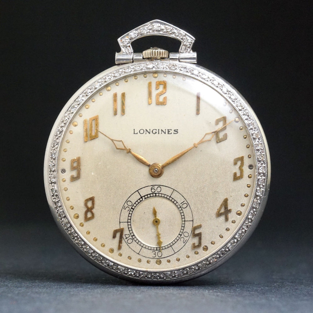 Stunning 1920s Longines Platinum & Diamond Art Deco Pocket Watch, Excellent Cond