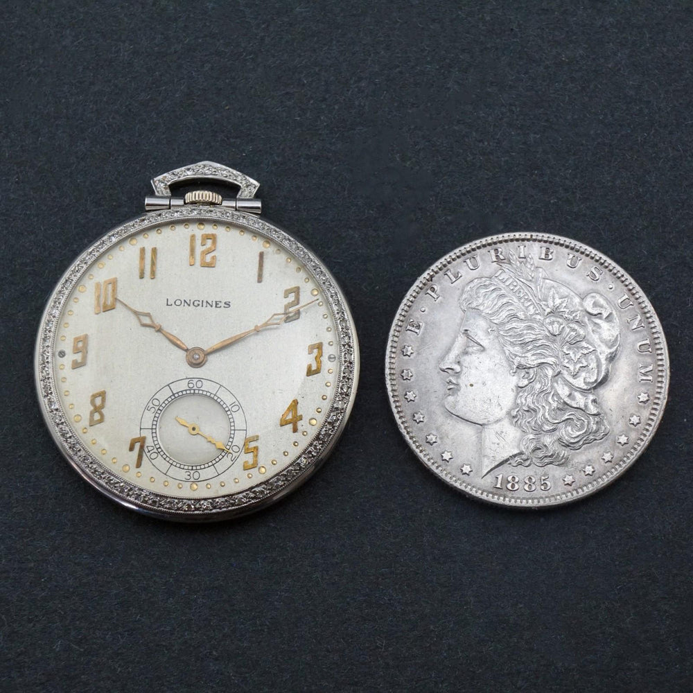 Stunning 1920s Longines Platinum & Diamond Art Deco Pocket Watch, Excellent Cond, Olde Towne Jewelers, Santa Rosa CA.