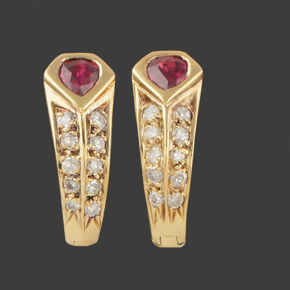 Vintage Modernist Solid 18K Yellow Gold, Ruby & Diamond Huggie J Hoop Earrings
