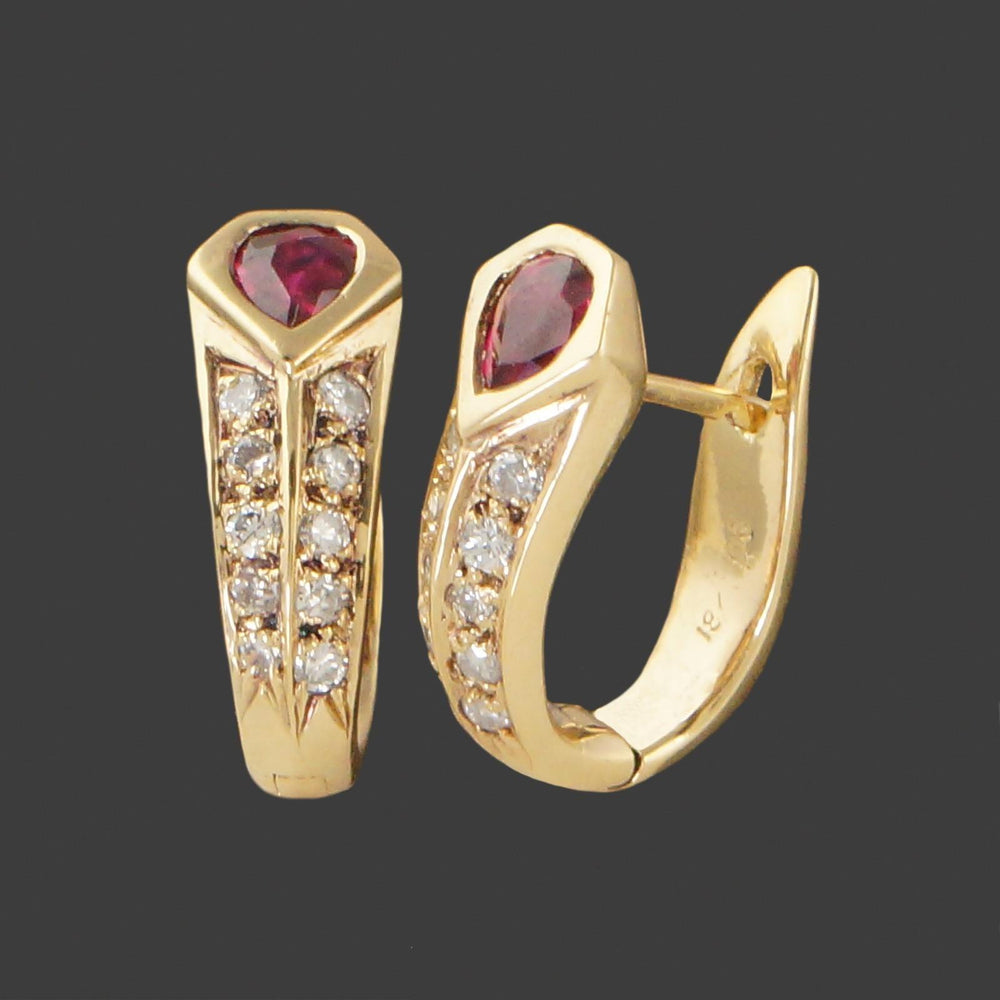 Vintage Modernist Solid 18K Yellow Gold, Ruby & Diamond Huggie J Hoop Earrings, Olde Towne Jewelers, Santa Rosa CA.