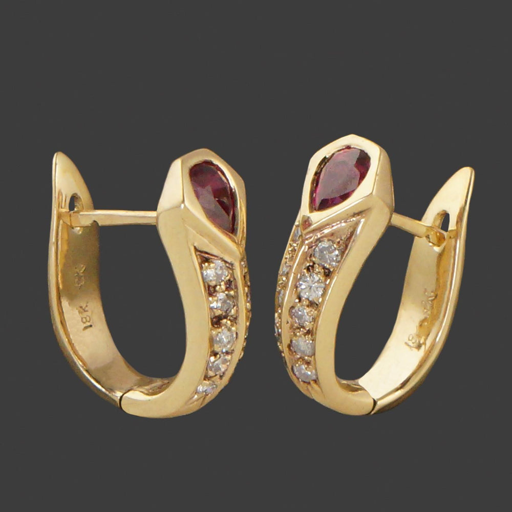 Vintage Modernist Solid 18K Yellow Gold, Ruby & Diamond Huggie J Hoop Earrings, Olde Towne Jewelers, Santa Rosa CA.