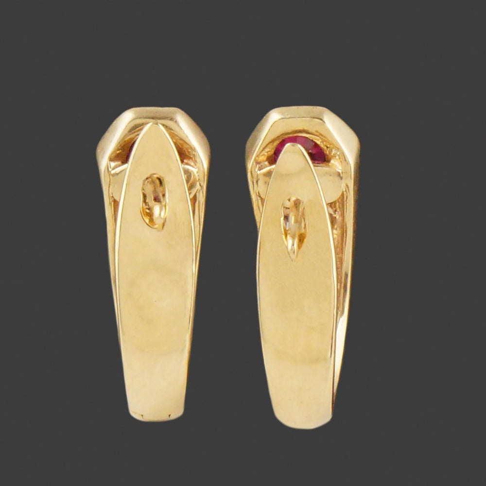 Vintage Modernist Solid 18K Yellow Gold, Ruby & Diamond Huggie J Hoop Earrings, Olde Towne Jewelers, Santa Rosa CA.