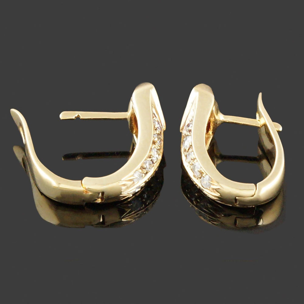 Vintage Modernist Solid 18K Yellow Gold, Ruby & Diamond Huggie J Hoop Earrings, Olde Towne Jewelers, Santa Rosa CA.