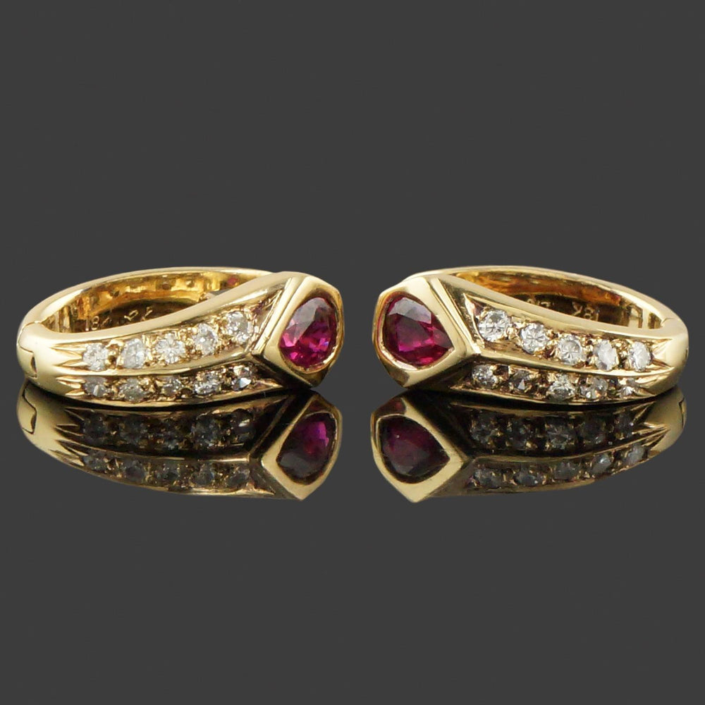 Vintage Modernist Solid 18K Yellow Gold, Ruby & Diamond Huggie J Hoop Earrings, Olde Towne Jewelers, Santa Rosa CA.