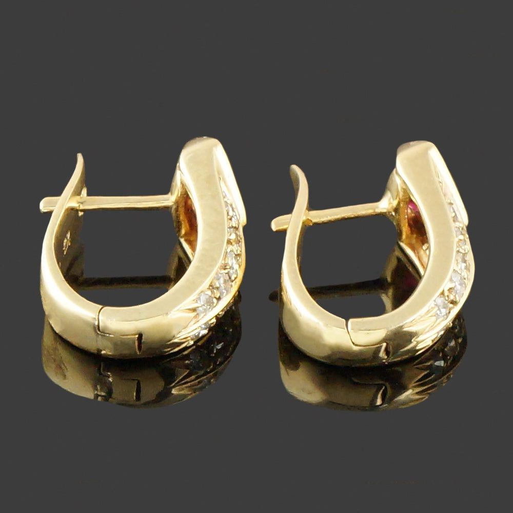 Vintage Modernist Solid 18K Yellow Gold, Ruby & Diamond Huggie J Hoop Earrings, Olde Towne Jewelers, Santa Rosa CA.