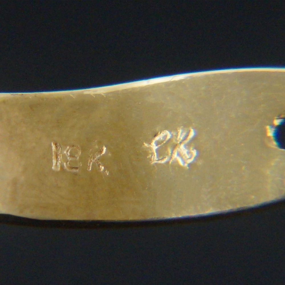 Vintage Modernist Solid 18K Yellow Gold, Ruby & Diamond Huggie J Hoop Earrings, Olde Towne Jewelers, Santa Rosa CA.